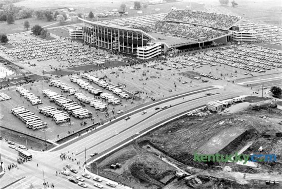Aerial view of Commonwealth Stadium during Kentucky's game against Maryland September 27, 1975. The game ended up a tie, 10-10. UK's record that season under coach Fran Curci was 2-8-1. The area around Commonwealth Stadium, built in 1973, has changed dramatically. At bottom is the intersection of University and Cooper Drives. The Kentucky Wildcats look for their first win of the season when they take on the New Mexico State Aggies this afternoon at 4pm. Photo by Ron Garrison | Staff