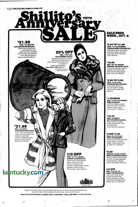 Full-page advertisement in the Herald-Leader celebrating Shillito's department store's fifth anniversary in Fayette Mall, Sunday, Oct. 3, 1976. The store, along with Sears, and Stewart Dry Goods, was one of the original anchor stores for the mall when it opened in 1971. In 1982 the store's parent company, Federated Department Stores Inc. announced that it had combined the operations of its Rikes and Shillito's stores, naming the stores Shillito's Rikes. In 1986 after a merger of other Federated Department Stores divisions, it became Lazarus.