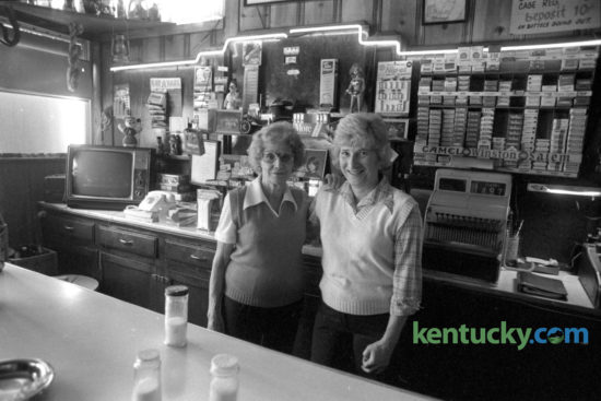 Virginia "Mom" Haycraft, left,  and Lorraine Taylor, behind the bar at the Green Lantern Restaurant at East Seventh Street and Elm Tree Lane in January 1979. Haycraft owned and operated the restaurant since 1940 and Taylor had worked there for 30 years. The Green Lantern became a popular hang out with Transylvania University students starting in 1960. Published in the Lexington Herald-Leader January 17, 1979. Photo by Ron Garrison
