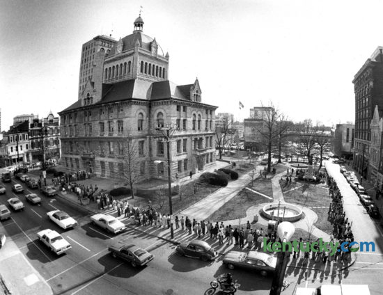 About 200 people stood in line on Feb. 28, 1983, at the Fayette County Courthouse to re-register their vehicles. A new law that went into effect at the start of the year was intended to reduce the long waits, but the transition period meant motorists had to wait ... and wait. The new law called for all motorists to register or re-register their vehicles on their birth month. Under the old law, re-registration was due on the month of a vehicle's purchase. At the time, 65 percent of all vehicle purchases were in the first three months of the year, hence the crowd in late February. Photo by Charles Bertram | Staff
