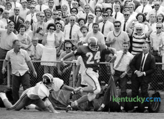 Kentucky's Dicky Lyons crossed the goal line in front of Missouri's Elmer Benhardt, scoring the winning touchdown, September  21, 1968 as the Wildcats defeated the Tigers 12-6 in Lexington. Thirty-four thousand sun-drenched fans witnessed the season opeing win at Stoll Field, however UK would finish the year 3-7, ending coach with Charlie Bradshaw's resignation. It would be 44 years later for the two teams to meet again, when Missouri joind the Southeastern Conference in 2012. UK and Mizzou will meet for the seventh time Saturday. Photo by Frank Anderson | Staff