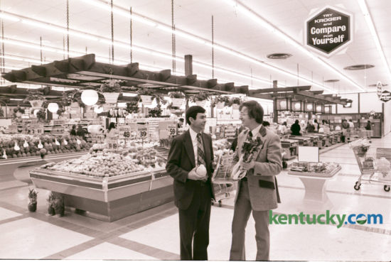 A new Kroger Superstore opened at Nicholasville Road and New Circle in March 1975. Bob Hilen, left, store manager, and Mike Ryan, produce merchandiser, posed in the produce area with some unusual varieties, including papaya, English cucumbers and bok chow. The store featured produce sold in bulk. The customer selected the quantity desired and an employee was there to weigh it and price it. Photo by John C. Wyatt | Staff