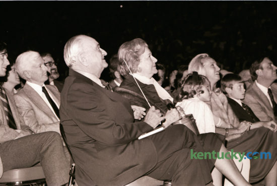 The first concert in Rupp Arena featured Lawrence Welk and his orchestra and was attended by Adolph Rupp, the legendary basketball coach and his family. Welk, then 73, had been friends with Rupp for many years and told the crowd that Rupp had promised him a chance to play at the opening of his new home. He thanked the former coach and gave him a baton as a memento. About 20,000 fans attended the afternoon show on Sunday October 17, 1976. A commemorative 40th anniversary special section is in today's Herald-Leader. Photo by Chela Richardson | Staff