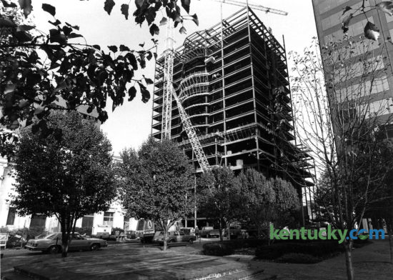Construction of Humana's headquarters in downtown Louisville, Nov. 17, 1983. The 27-story skyscraper opened in June 1985, boasting 588,400-square-feet of space. The $60 million building is double-tiered, with floors eight through 27 set back 60 feet from the northern edge of the loggia. The 24th-floor roof garden overlooking Main Street offers a stunning view of the Ohio River. Photo by Christy Porter | staff