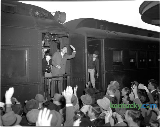 New York Governor Thomas E. Dewey, Republican nominee for president waved to the crowd after arriving at Union Station in downtown Lexington on Tuesday October 12, 1948. Dewey, accompanied by his wife, Frances, was on a one-day campaign swing through the state.  The governor spoke for approximately 20 minutes to a crowd estimated anywhere from 4,500 to 7,500. Dewey was running against incumbent Democratic President Harry S. Truman, who succeeded to the presidency after the death of President Franklin D. Roosevelt in 1945. The election is considered to be the greatest election upset in American history. Virtually every prediction indicated that Truman would be defeated by Dewey. Truman received 49.6 percent of the popular vote, while Dewey had 45.1 percent. Herald-Leader Archive Photo