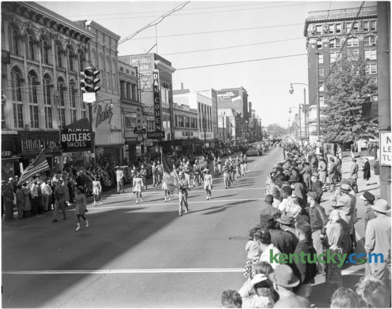 The Douglass High School Band, one of four bands in the Veterans Day Parade marched down Main Street in Lexington November 12, 1956. Published  in the Lexington Herald November 13, 1956. Herald-Leader Archive Photo