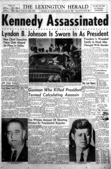 Front page of The Lexington Herald, November 23, 1963, one day after President John F. Kennedy was assassinated in Dallas. A story on the left side of the page says the President was to visit Eastern Kentucky with Governor Bert Combs. Click on the image for a closer look.