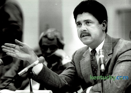 State representative Greg Stumbo, D-Prestonsburg, answered questions about the state lottery bill he sponsored before the Senate State Government Committee on December 12, 1988. Stumbo, the House Speaker, was defeated yesterday in his bid for reelection  by Republican Larry D. Brown, also of Prestonsburg. Stumbo had served in the House since 1980, except for a stint as attorney general from 2004 through 2007, and has been House speaker since 2009. Photo by Ron Garrison | Staff
