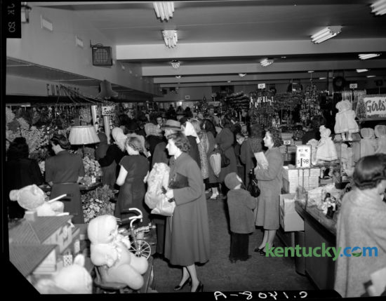 A crowd of Christmas shoppers filled the S. S. Kresge Store in downtown Lexington on December 9, 1948. S.S. Kresge, a Detroit, Michigan company, brought their 5 and 10 cent stores to Lexington in 1912. The downtown store was at  250  West Main Street, across from Cheapside Park. The store closed in 1967 and is now the site of the Lexington Financial Center, more commonly known as the “Big Blue Building.” The S.S. Kresge Co. was renamed Kmart Corp. in 1977.