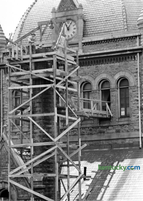 Scaffolding surrounded the Fayette County Courthouse in May 1947 as repair work was done to the chimney. The building, which was built in 1898, is currently undergooing a $30 million renovation which expected to take more than a year to complete. Recently the copper horse on the weathervane returned to the top of the bell tower at the courthouse. Published in the Lexington Leader May 22 1947. Herald-Leader Archive Photo