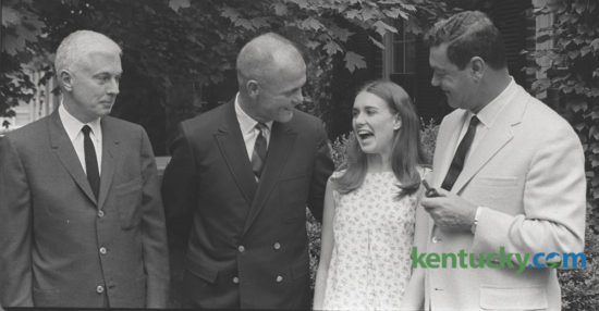 Former astronaut John H. Glenn Jr. was in Lexington May 22, 1967 as a house guest of William T. Young. From left, William T. Young, John H. Glenn, Jr., Lucy Young and Rex Potter.  Glenn, the first American to orbit the earth died yesterday at age 95. He was the the last surviving member of the original Mercury astronauts. He would later have a long political career as a U.S. Senator. Photo by Bill Wilson | Staff