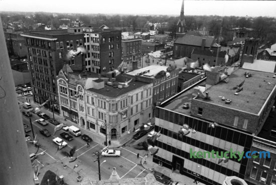 View from the old Fayette County Courthouse bell tower looking looking toward Market and Short streets in December 1974. At right is the old Herald-Leader building. Photo by Tom Carter | Staff