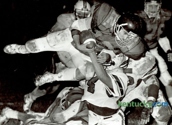 Hazard High School's Keith Deaton found himself airborne thanks to the efforts of the Phrestonsburg defense during first half action of their game November 8, 1985. Hazard takes on Beechwood in Class A finals of the KHSAA Commonwealth Gridiron Bowl tonight at 8pm in Bowling Green. Hazard last won the state championship in 2011 with a 24-6 win over Mayfield. Photo by Jim Wakeham | Staff