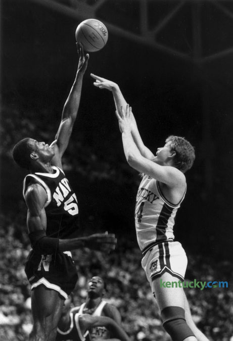 Navy's David Robinson blocked a shot by Kentucky's Rob Lock Jan. 25, 1987 at Rupp Arena. Robinson finished the game with 45 points and 10 blocks, both a Rupp Arena records. He also had 14 rebounds, giving him  the only triple-double by a men’s college player in Rupp history. He was so good that the opposing team, Kentucky, its coach, Eddie Sutton, and ABC analyst Dick Vitale gave him a standing ovation when he exited the game. The 7-foot-1 center blocked layup attempts — and even a three-pointer — and scored 12 of Navy’s first 14 points and 19 of the first 23. Ten of those points came on dunks. The halftime score was UK 40, Robinson 21. "He’s the best I’ve ever played against," Lock said. "I thought I was a pretty good defensive player, but I couldn’t defend him at all. I was lucky he scored only 45 points.” Herald-Leader archive photo