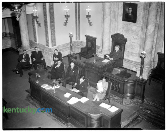 The Kentucky legislature's chamber at the state capitol in Frankfort, during the 1940 General Assembly. During the 60-day session, lawmakers sent 206 bills and resolutions to the desk of Gov. Keen Johnson. He signed 76 of them into law, including the "fair trade" liquor act which provides minimum markups of liquor and wine on sales by by wholesalers and retailers. Also made into law were measures intended to make banks "safer" and more efficient for both the investing public and Kentucky's 318 state banks and 120 building and loan associations. And on the last day, during the last hours of the session, lawmakers approved the use of voting machines during elections. Among the vetoed measures was was a much-criticized proposal to tax coin or token-operated vending machines. Herald-Leader archive photo
