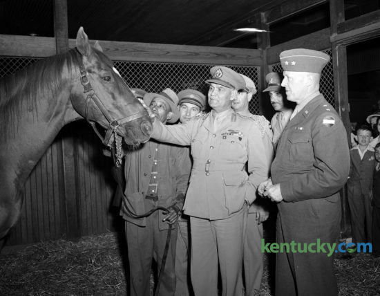 An Egyptian Army delegation touring U.S. military installations, including Kentucky's Ft. Knox, made the trip to Faraway Farm in Fayette County to meet Man o' War on May 4, 1947. Lieutenant General Ibrahim Pasha Atalla, chief of staff of Egyptian Army, gave Big Red a pat as he was held by groom Bob Groves. Major General John W. Leonard, right, commanding general of the armored center at Fort Knox, looked on. In the background are several Egyptian and American officers, members of the entourage  that accompanied the generals to Lexington. Published in the Lexington Leader May 5, 1947. Man o' War, considered one of the greatest Thoroughbred race horses of all time, died five months later. A life-size sculpture and memorial marks his grave-site at the Kentucky Horse Park. Lexington's Man o' War Boulevard is named after him. Herald-Leader Archive Photo