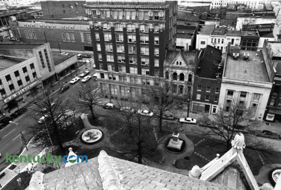 View from the old Fayette County Courthouse bell tower looking down on Cheapside Park and Main Street in December 1974. Photo by Tom Carter | Staff