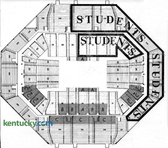 The first seating chart for University of Kentucky basketball games when Rupp Arena opened in the Lexington Center in 1976. The shaded A, B, and C areas were designated for Blue-White Fund contributors. "We've got more request for Blue and White Fund seats than we have seats available," UK Athletics Director Cliff Hagan said five months before the new home of the Wildcats opened. "But I guess that's a nice problem to have." The Blue White Fund, the fundraising arm of University of Kentucky Athletics, know today as The K Fund, was started in 1973 for football tickets when the Wildcats moved into Commonwealth Stadium. "We should have learned from the response to football - that should have been the barometer." Hagan continued, "the real surprise has been the response of people who held priority seating in Memorial Coliseum. They've taken over half the 3,000 seats allotted to the Fund." Hagan explained the 3,000-seat limit was self-imposed, "to enable fans to attend the games at regular price." Donation requirements were the cost of the ticket, plus $250 in the A areas, $100 in the B, and $50 in the C. The other 20,000 seats were divided among the public, faculty and students, who were offered 7,000 seats, including some at prime locations such as mid-court, lower level. Student tickets were free, faculty were sold at a reduced rate and general public were $5 for lower level, $4 upper. Despite the enormity of moving from 11,500 seat Memorial Coliseum to 23,000 Rupp Arena, Hagan pointed out "people will still be 70 feet closer than the farthest seat in Freedom Hall." Published in the Nov. 24, 1976 Lexington Herald.