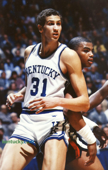Kentucky's Sam Bowie and Auburn's Charles Barkley battled for position in a basketball game played at Lexington's Rupp Arena, Feb. 11, 1984. No. 6 UK won 84-64 despite 7-foot-1 Bowie scoring only eight points while 6-foot-6 Barkley scored 18 for the 16th-ranked Tigers. Before the game, Barkley, fooling around, told UK's Jim Master, "I want you." During warmups, Barkley dropped by the Kentucky bench to shake the coaches' hands. Forty-five minutes after the final buzzer, he was still in the building, signing autographs at midcourt. Barkley would go on to end his junior year being named SEC Player of the Year and leaving school early for the NBA Draft. He was picked fifth overall, three spots behind Bowie. Photo by Charles Bertram | Staff
