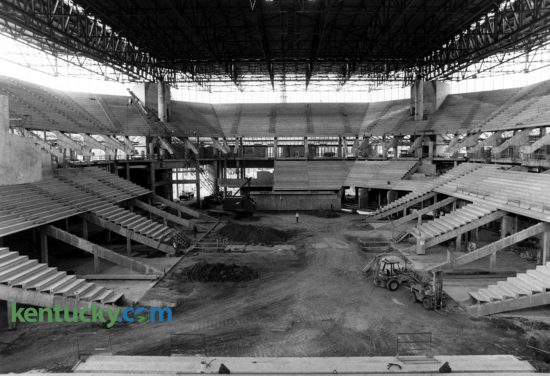 Construction of the University of Tennessee's Thompson-Boling Arena in Knoxville, June 11, 1986. The home of the Tennessee men's and women's basketball teams opened in 1987 and is currently the third-largest on-campus basketball arena in the country with a seating capacity of 21,678. The distance from the playing floor to the roof is 120 feet, the equivalent of a 12-story building. In 2008 the stadium underwent a $35 million renovation that added loge seating and 32 luxury suites on the arena's north side. Only Syracuse's Carrier Dome, which also is utilized for football, and UNC's Dean Smith Center can seat more on-campus basketball fans. Men's basketball games against Kentucky occupy four of the top six attendance records at the stadium. Photo by Frank Anderson | staff