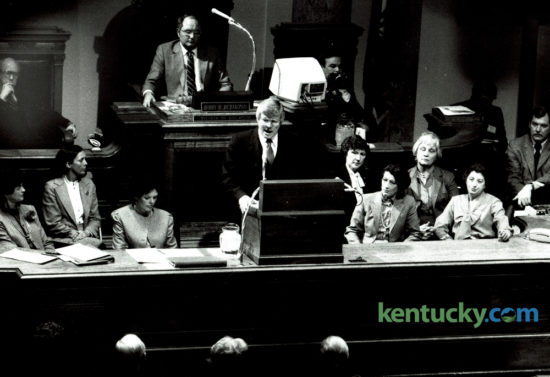 Kentucky Governor John Y. Brown, Jr. delivered his budget address to a joint session of the Legislature on January 7, 1982. Brown's $9.97 billion budget proposed no new taxes and was to provide money for mandatory statewide kindergartens and salary raises for teachers, firefighters, police officer and state employees. Governor Matt Bevin is scheduled to issue his second State of the Commonwealth Address to member of the Kentucky General Assembly tonight at 7pm. Photo by David Perry | Staff