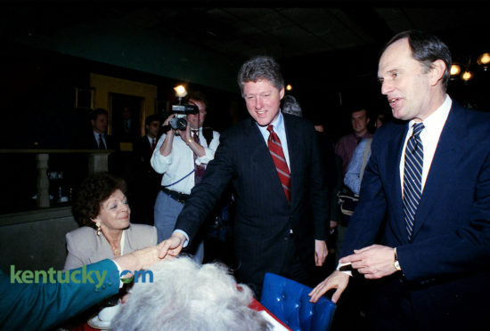 Arkansas Gov. Bill Clinton and Kentucky Gov. Brereton Jones greet diners at Flynn's Restaurant and Statesman Lounge in Frankfort, Feb. 4, 1992. Clinton took time out from campaigning in New Hampshire to gather the endorsements of Jones and a host of other top Kentucky Democratic officials. In an impassioned speech to about 300 people crammed into the Capitol Rotunda, Clinton acted as if he already was running against Bush rather than his opponents in the Democratic primary. He never mentioned any of his Democratic opponents by name; U.S. Sens. Tom Harkin of Iowa and Bob Kerrey of Nebraska, former U.S. Sen. Paul Tsongas of Massachusetts and former California Gov. Jerry Brown. Clinton said Bush and the Republicans have been sending the wrong message to the nation: "Turn a quick buck, get it while you can and walk away with the money." This attitude has helped produce severe economic problems that Bush does not understand, Clinton said. Later, at a news conference outside Flynn's restaurant, reporters did not ask Clinton the kinds of questions about marital fidelity that made national news the week prior. Instead, most of the questions dealt mainly with details of his economic and educational proposals. Jones' endorsement was important because it could influence the state's 61 delegates to the Democratic presidential nominating convention. Clinton returned to New Hampshire that night, which held the first Democratic primary two weeks later, which he won, catapulting his successful bid to the White House that November. Jennifer Podis | staff