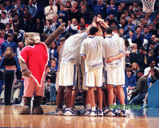 The University of Kentucky Wildcat mascot donned a heart costume in honor of Valentines Day before the Feb. 13, 1999 Kentucky-South Carolina game at Rupp Arena. Gavin Duerson, a senior, was in his third year of being the UK mascot. Photo by Janet Worne | staff