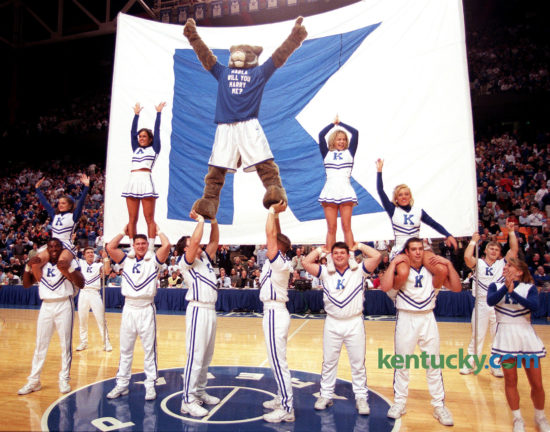 Later Duerson proposed to his girlfriend, Karla Sodan, in grand style. With 7:53 left in the second half of UK's victory over South Carolina, Duerson, in full costume, climbed to the top of a cheerleaders' pyramid wearing a shirt that said: "KARLA WILL YOU MARRY ME?" Photo by Janet Worne | staff